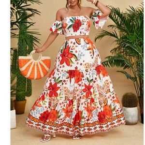Plus Floral Print Shirred Off Shoulder High Waist Maxi Skirt Set
